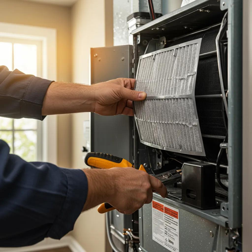 Essential Fall HVAC Maintenance Tasks for Your Furnace 1 A technician expertly changing an air filter in a furnace during a fall maintenance check