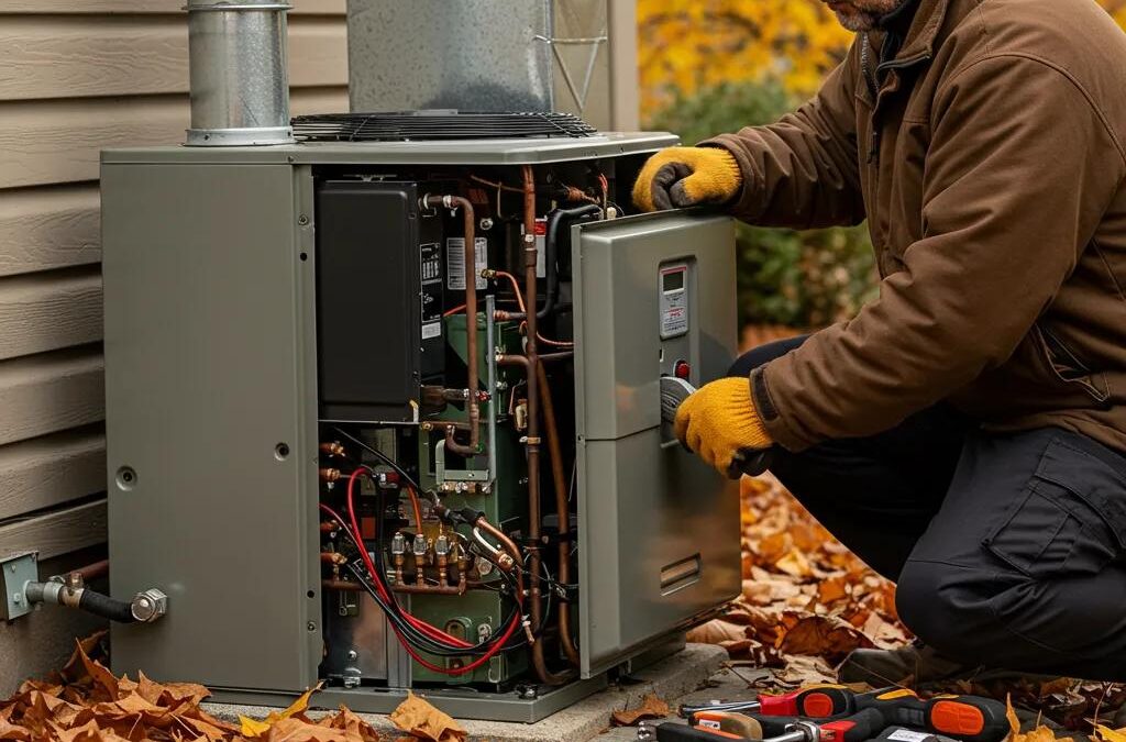 Technician performing HVAC maintenance on a residential furnace in a cozy autumn setting
